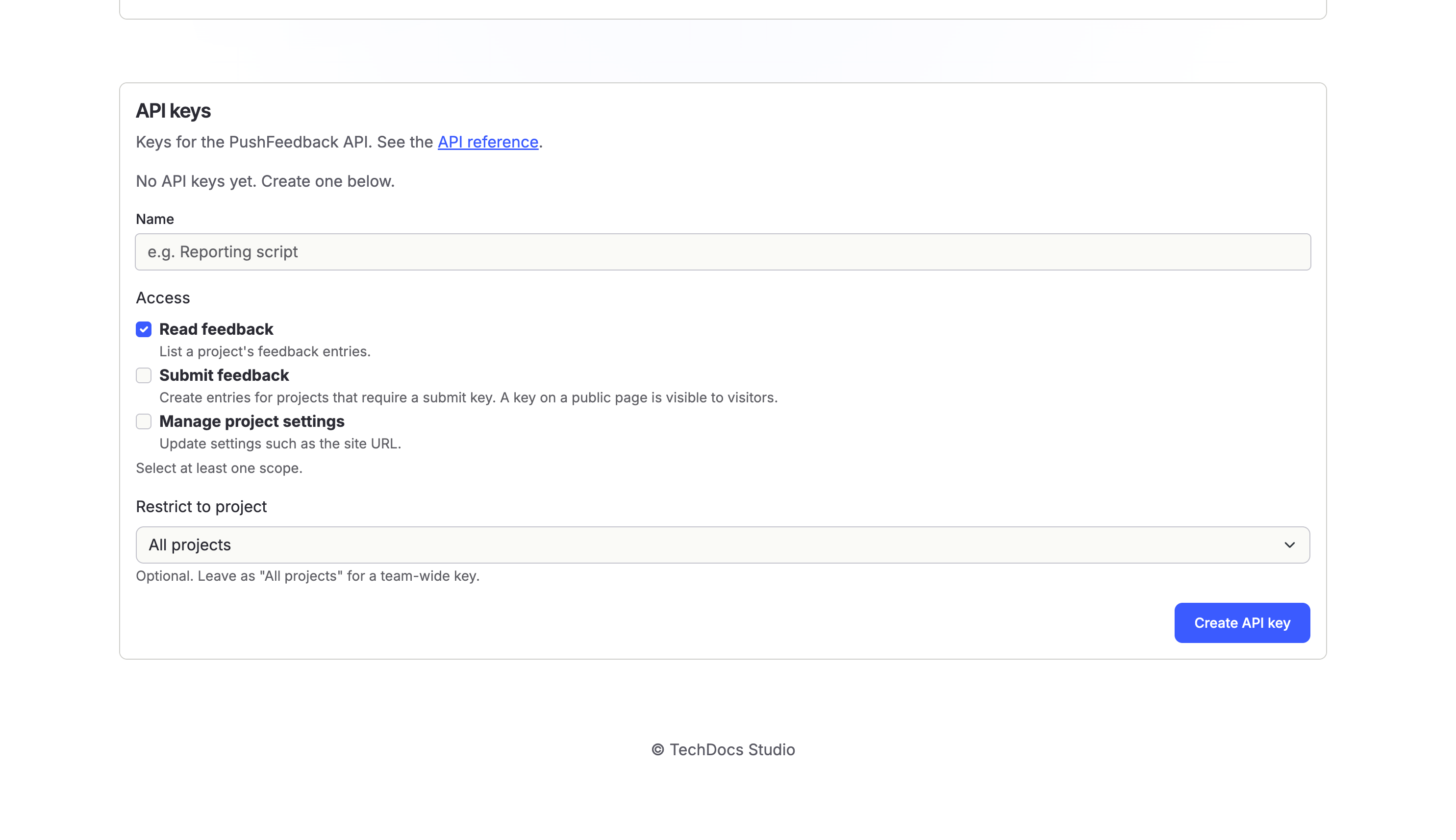 Creating an API key with scopes and an optional project restriction