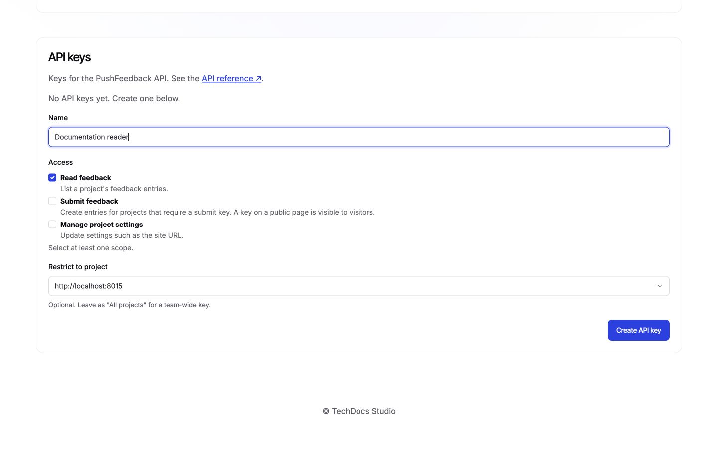 Creating an API key with scopes and an optional project restriction