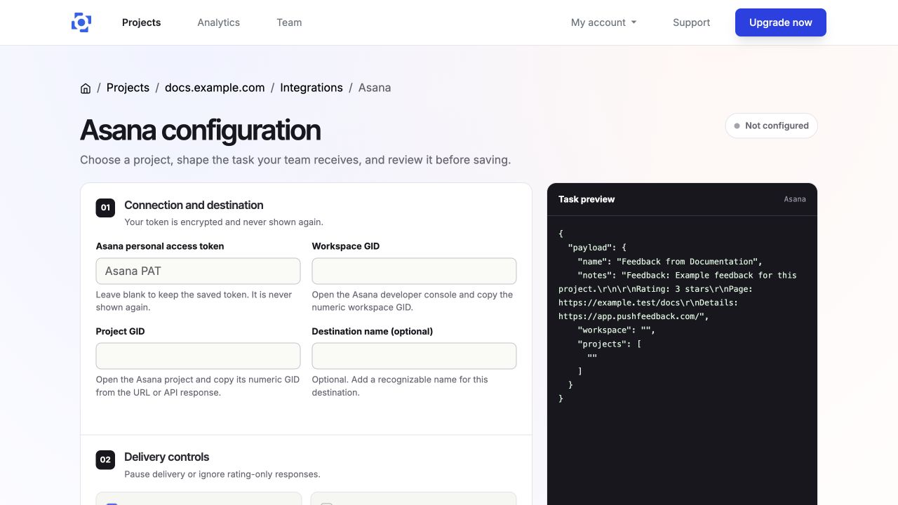 Configure the Asana destination, delivery controls, and task format in PushFeedback
