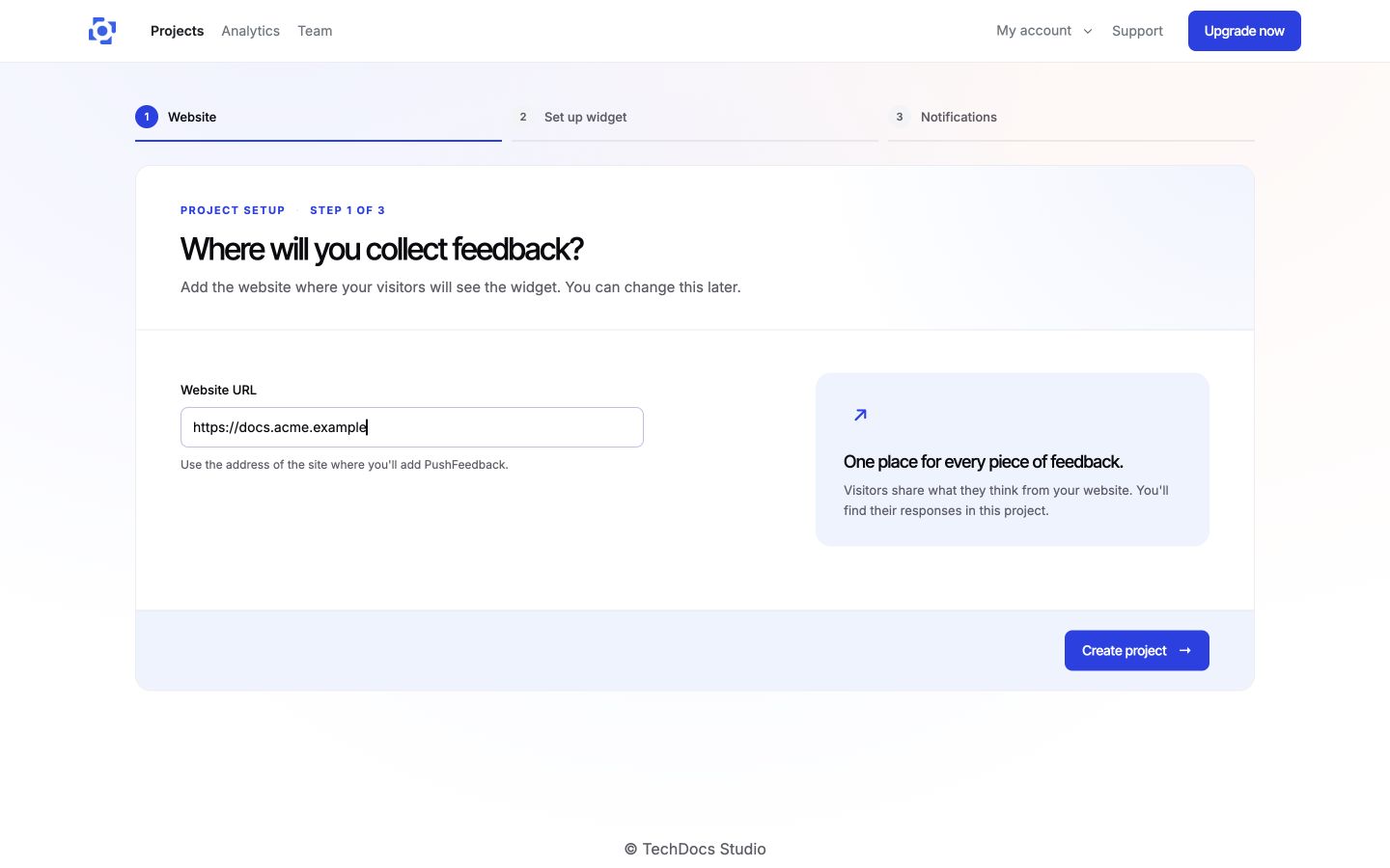 Website URL step in project setup