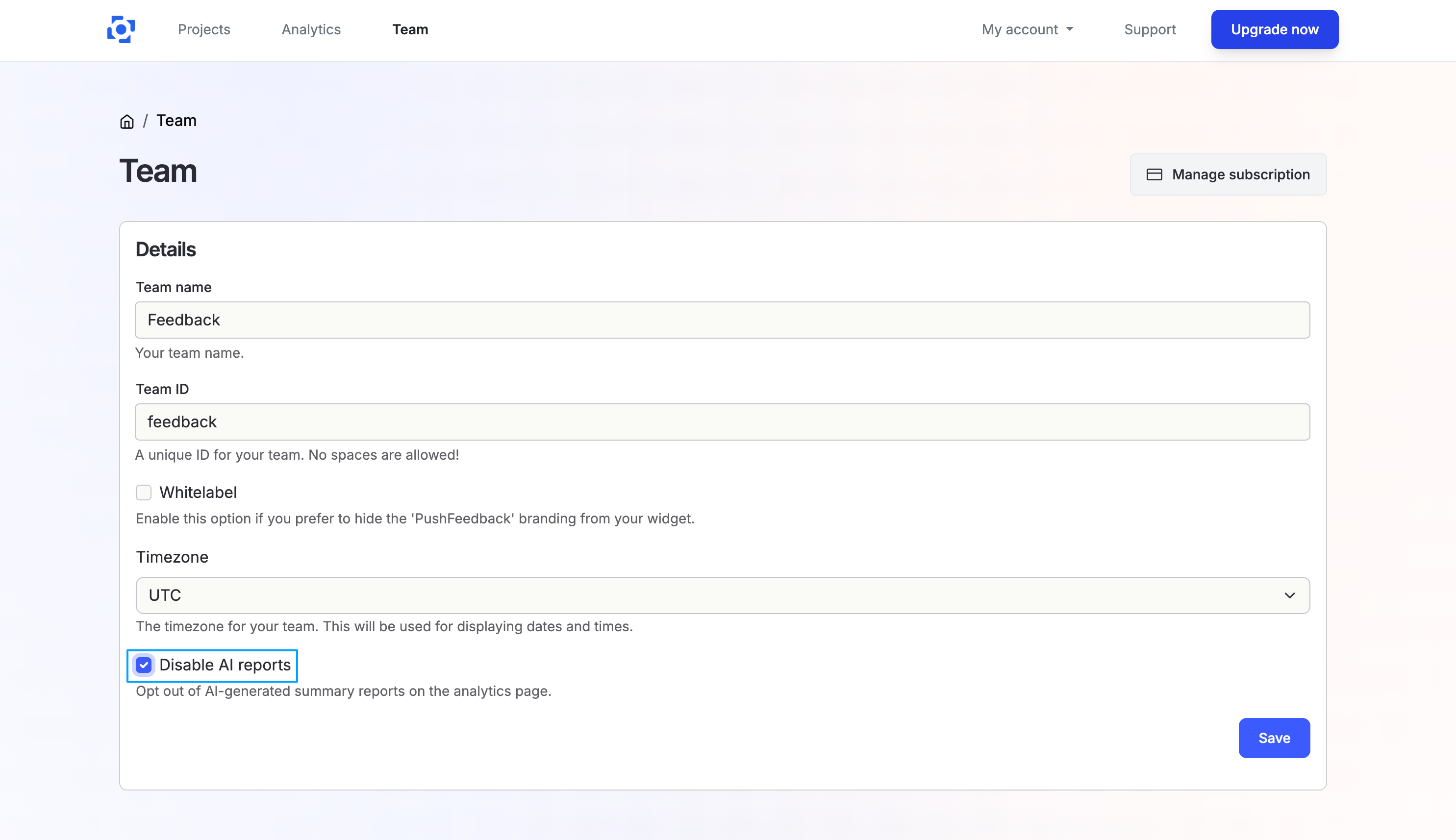 Disable AI reports checkbox in Team settings