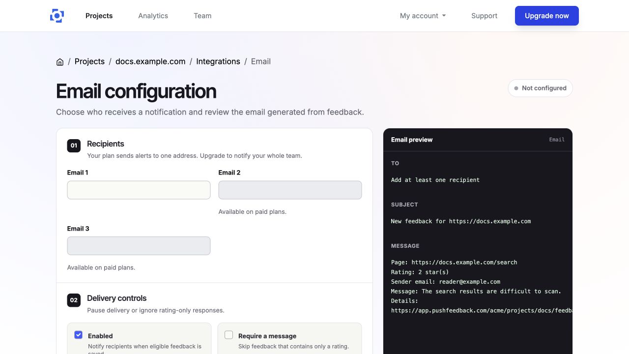 Configure email notification recipients in PushFeedback