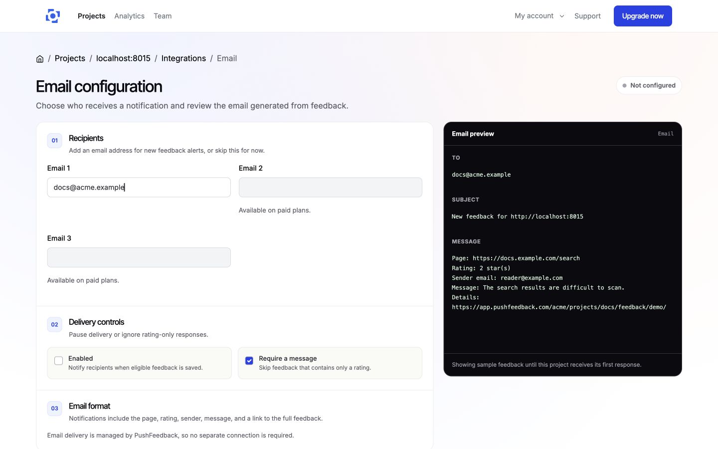 Configure email notification recipients in PushFeedback