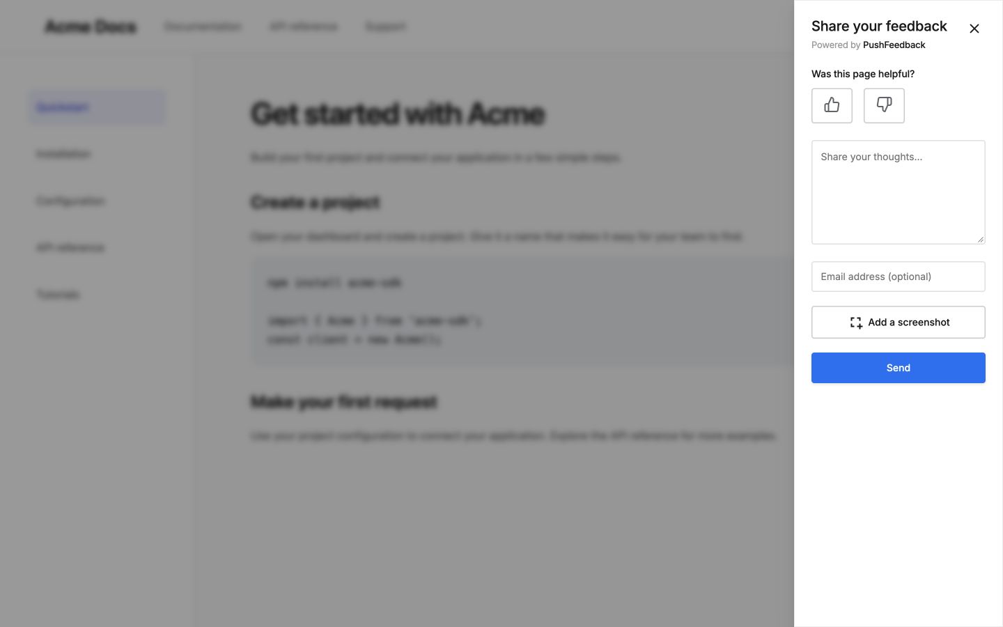 Feedback widget open on a documentation page