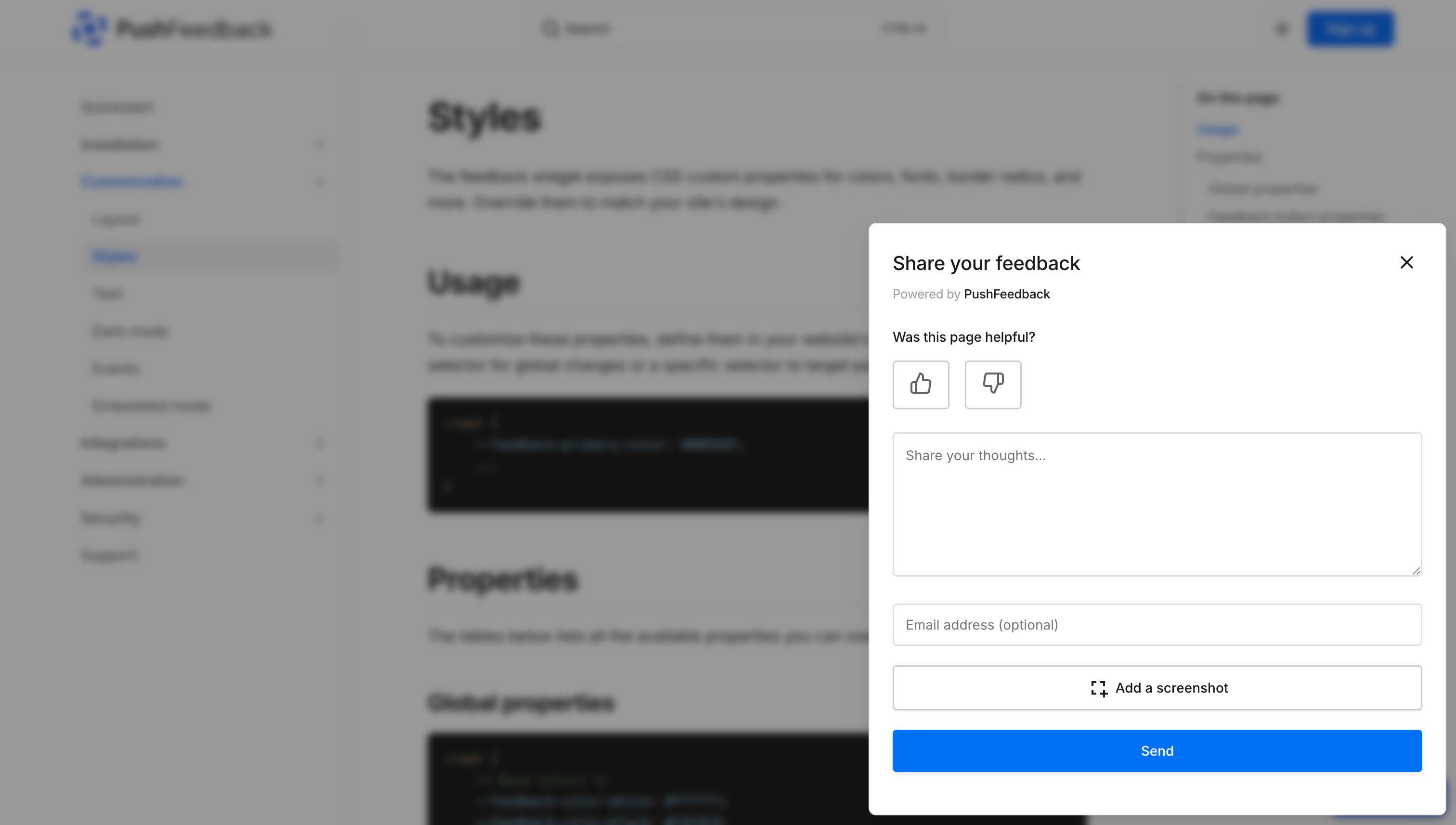 Feedback widget for docs screenshot