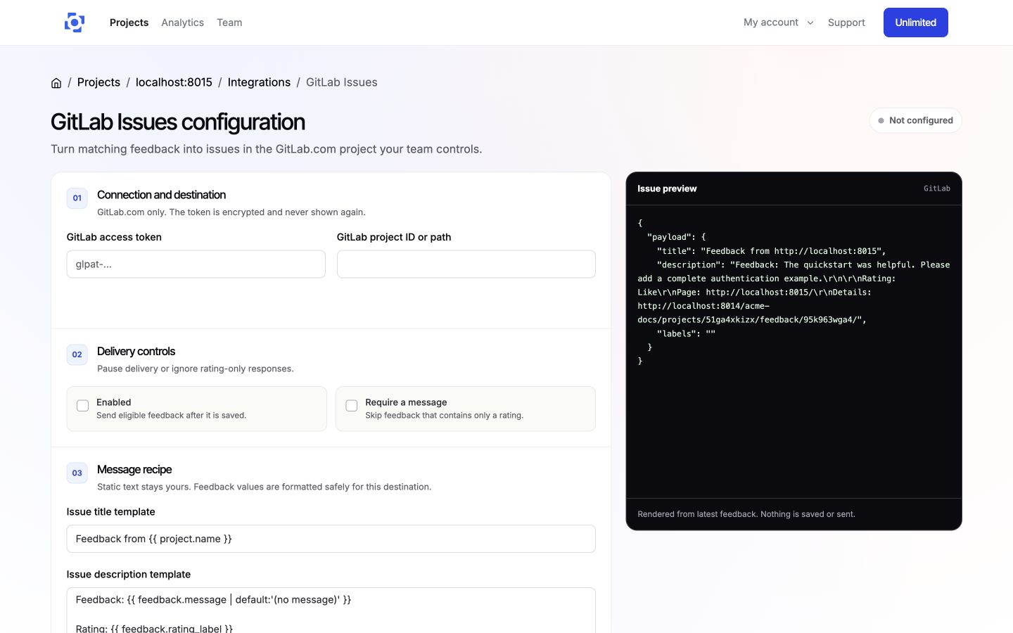 Configure the GitLab project, delivery controls, and issue format in PushFeedback