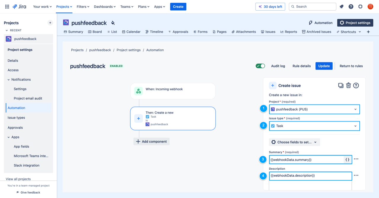 Map the Jira project, issue type, summary, and description