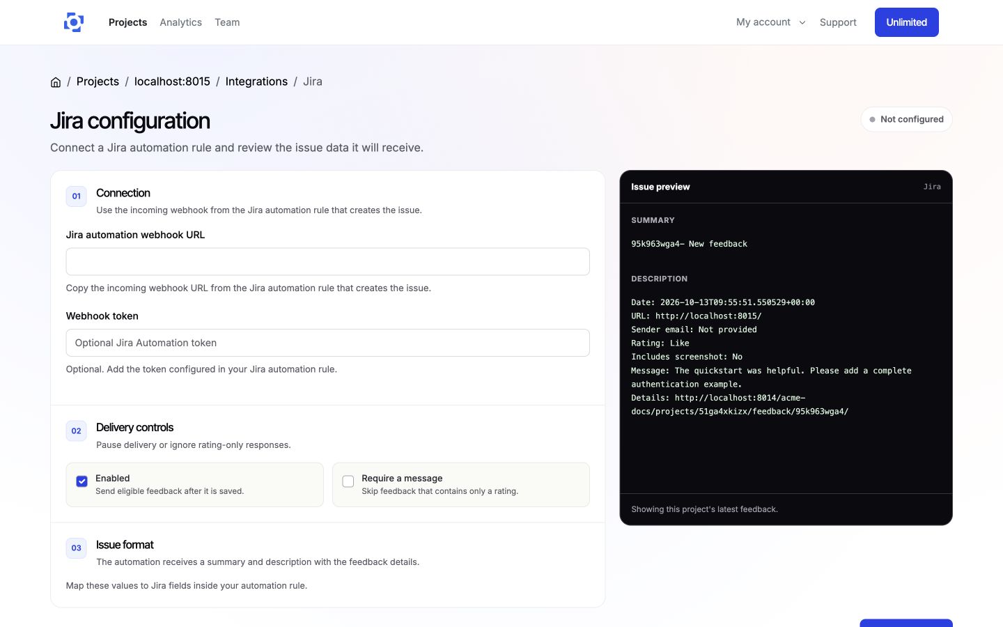 Connect a Jira Automation webhook in PushFeedback
