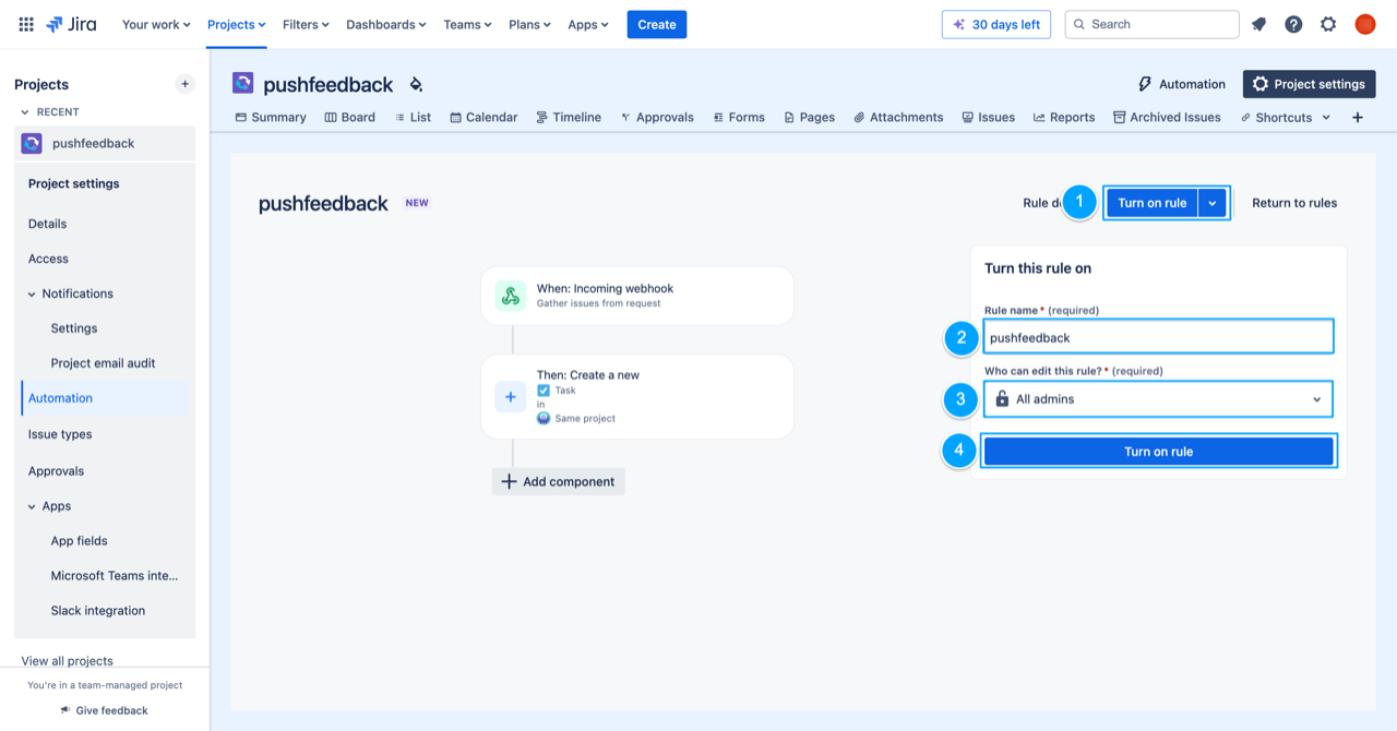 Name and turn on the Jira automation rule