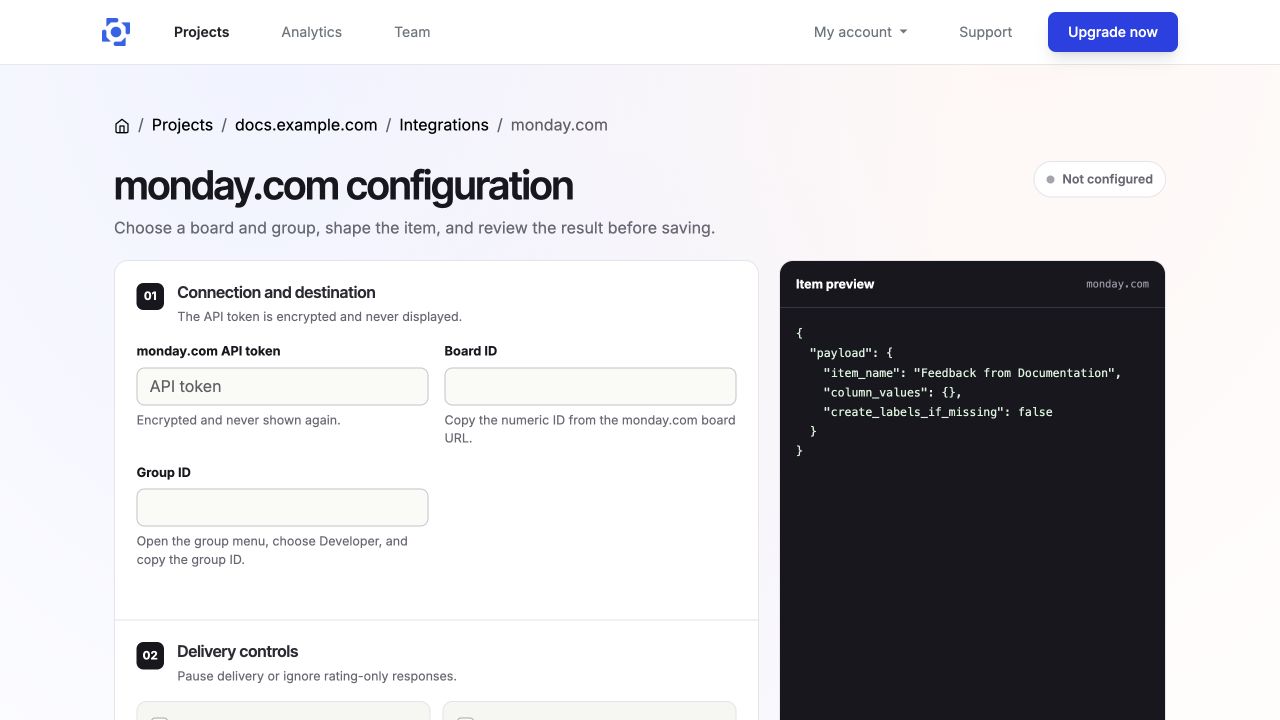 Configure the monday.com board, group, message recipe, rules, and item preview in PushFeedback