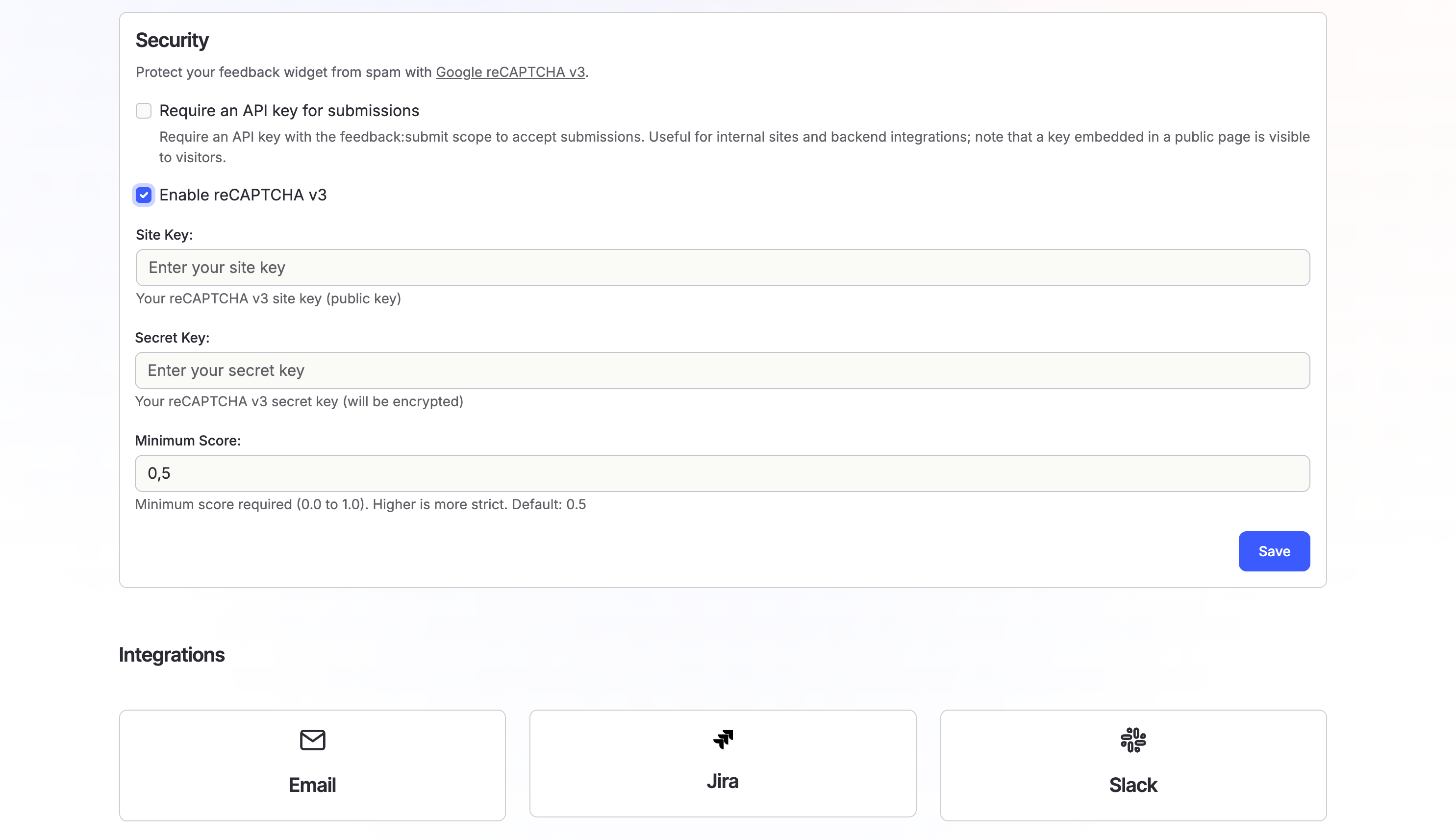 reCAPTCHA v3 settings in the Security section
