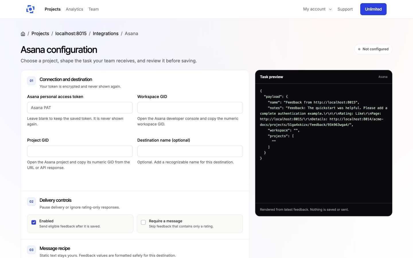 Configure the Asana destination, delivery controls, and task format in PushFeedback