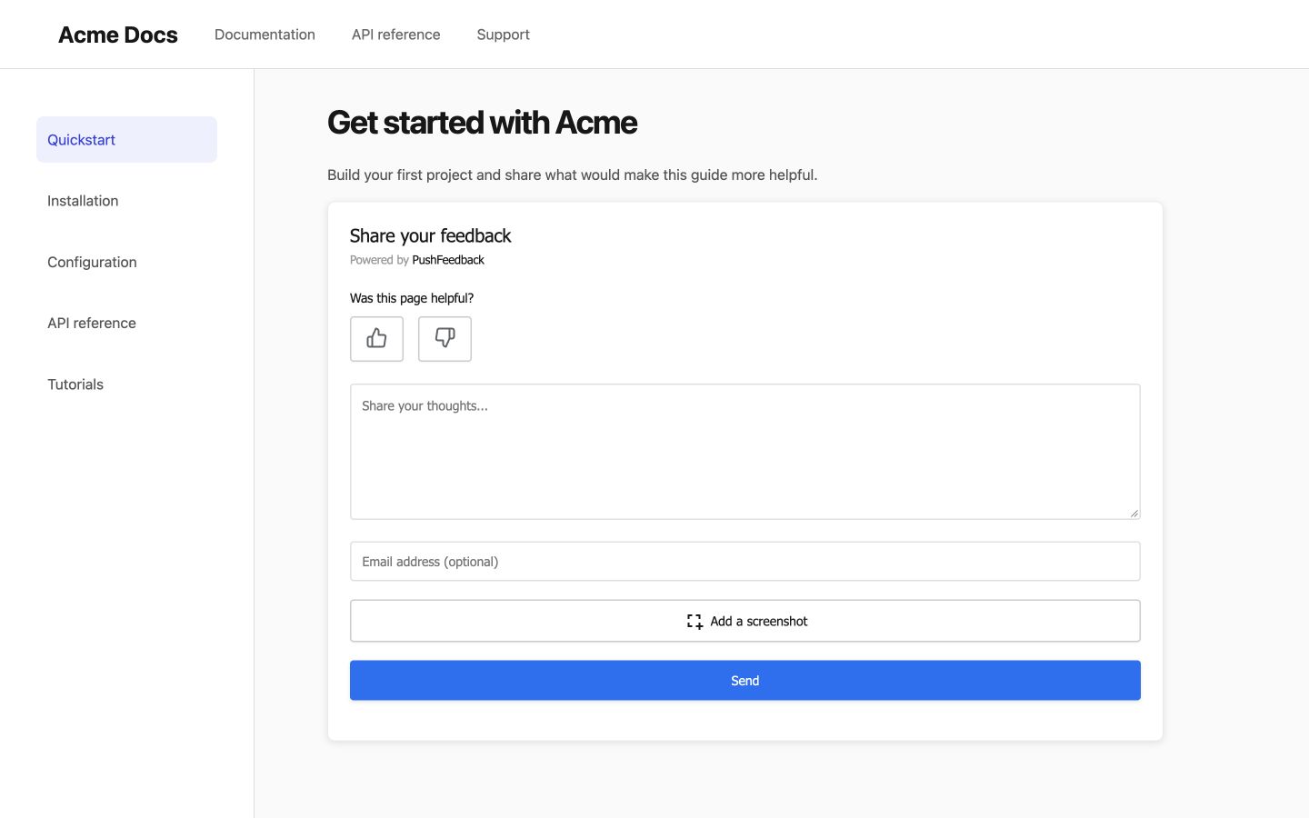 Example page with the feedback form embedded in the content