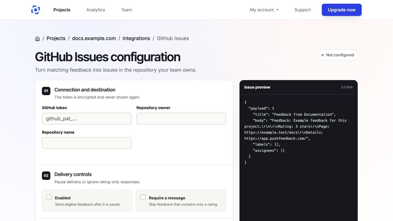 Configure the GitHub repository, delivery controls, and issue format in PushFeedback