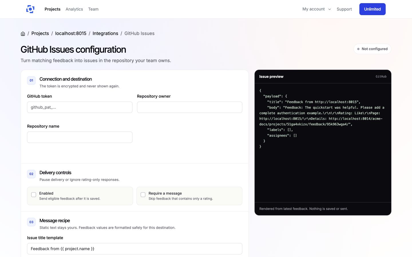 Configure the GitHub repository, delivery controls, and issue format in PushFeedback
