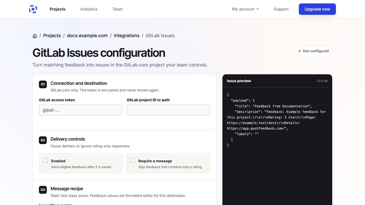 Configure the GitLab project, delivery controls, and issue format in PushFeedback