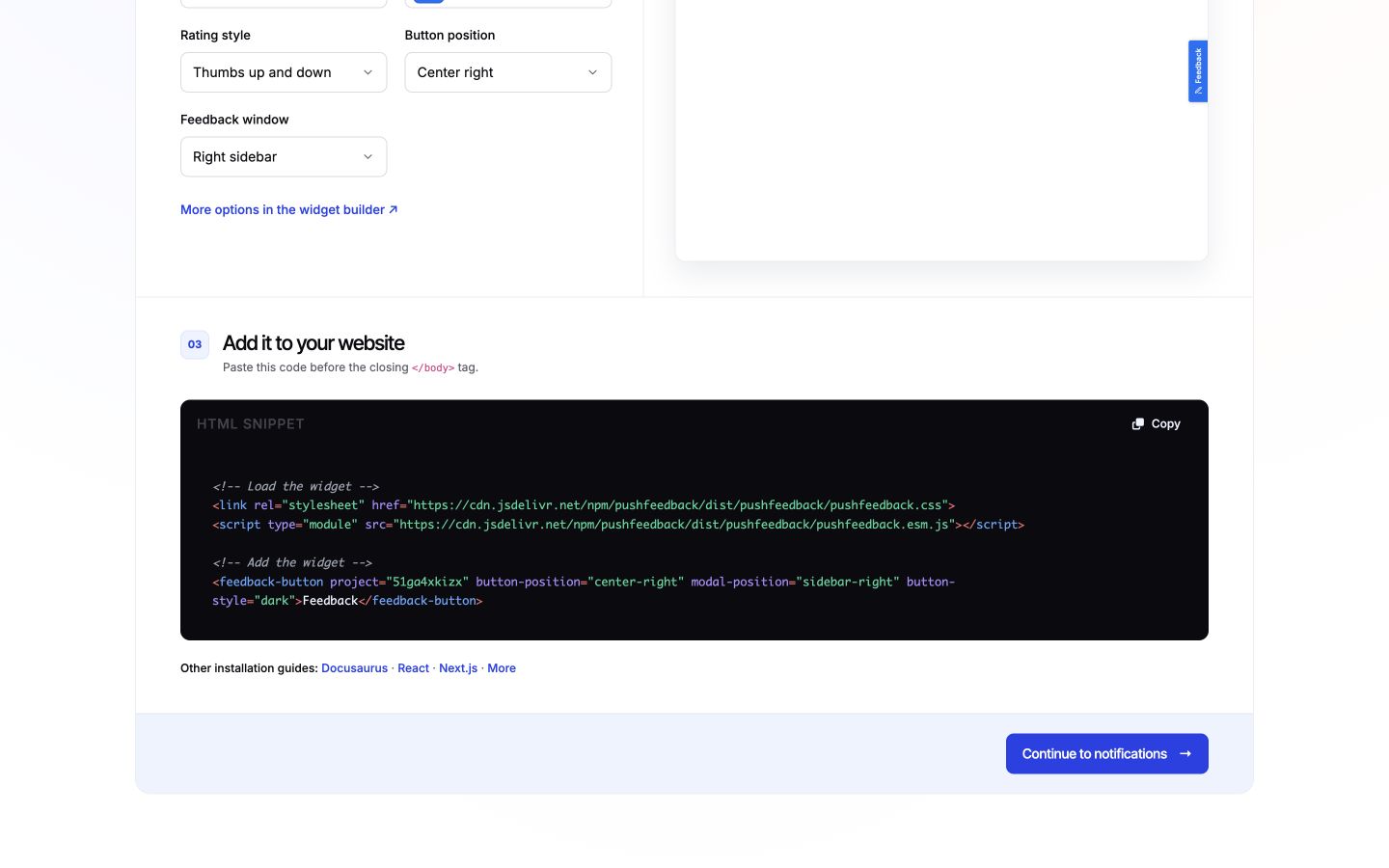 Copy the HTML snippet under Add it to your website