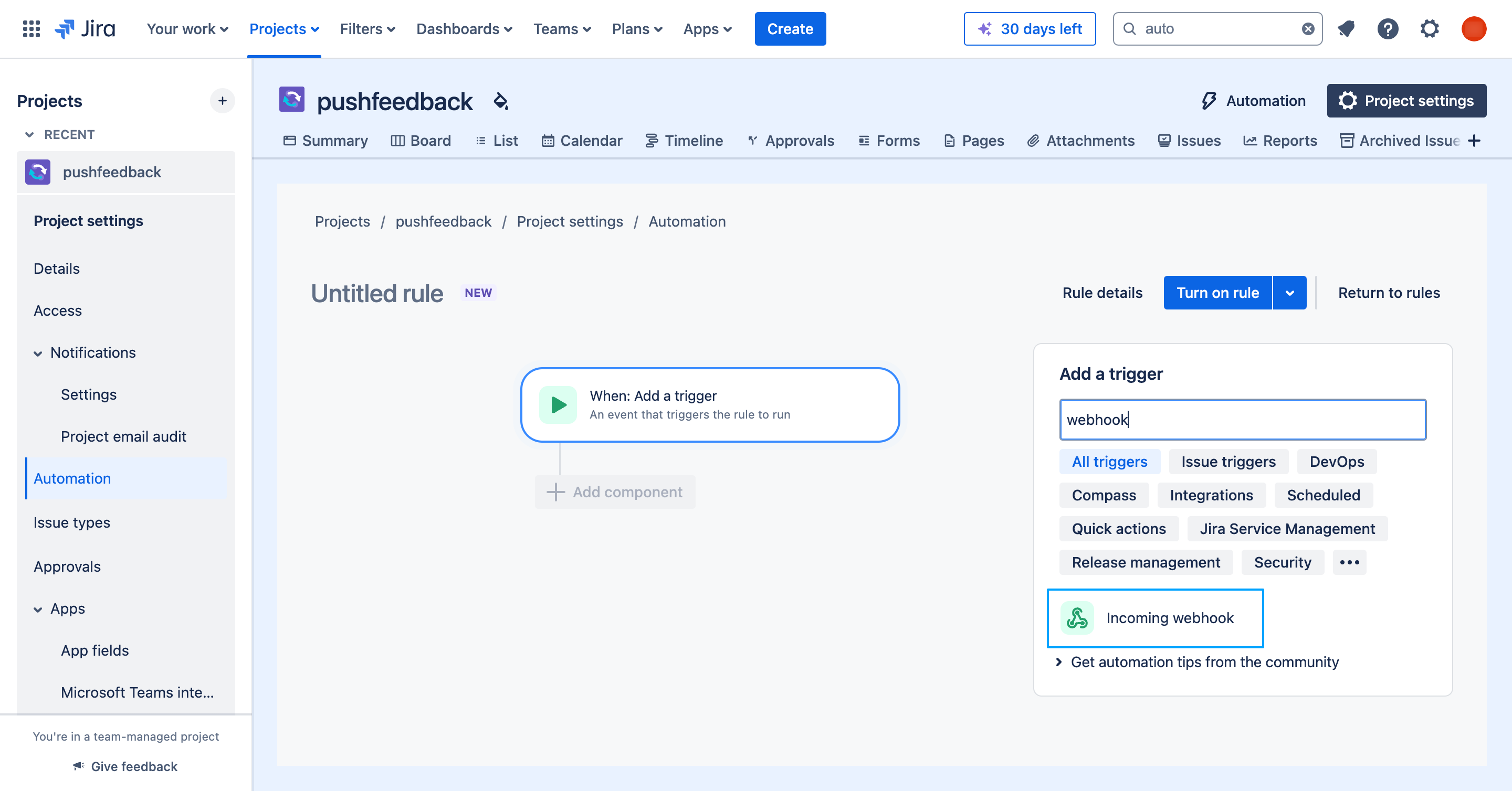 Configure incoming webhook with Jira