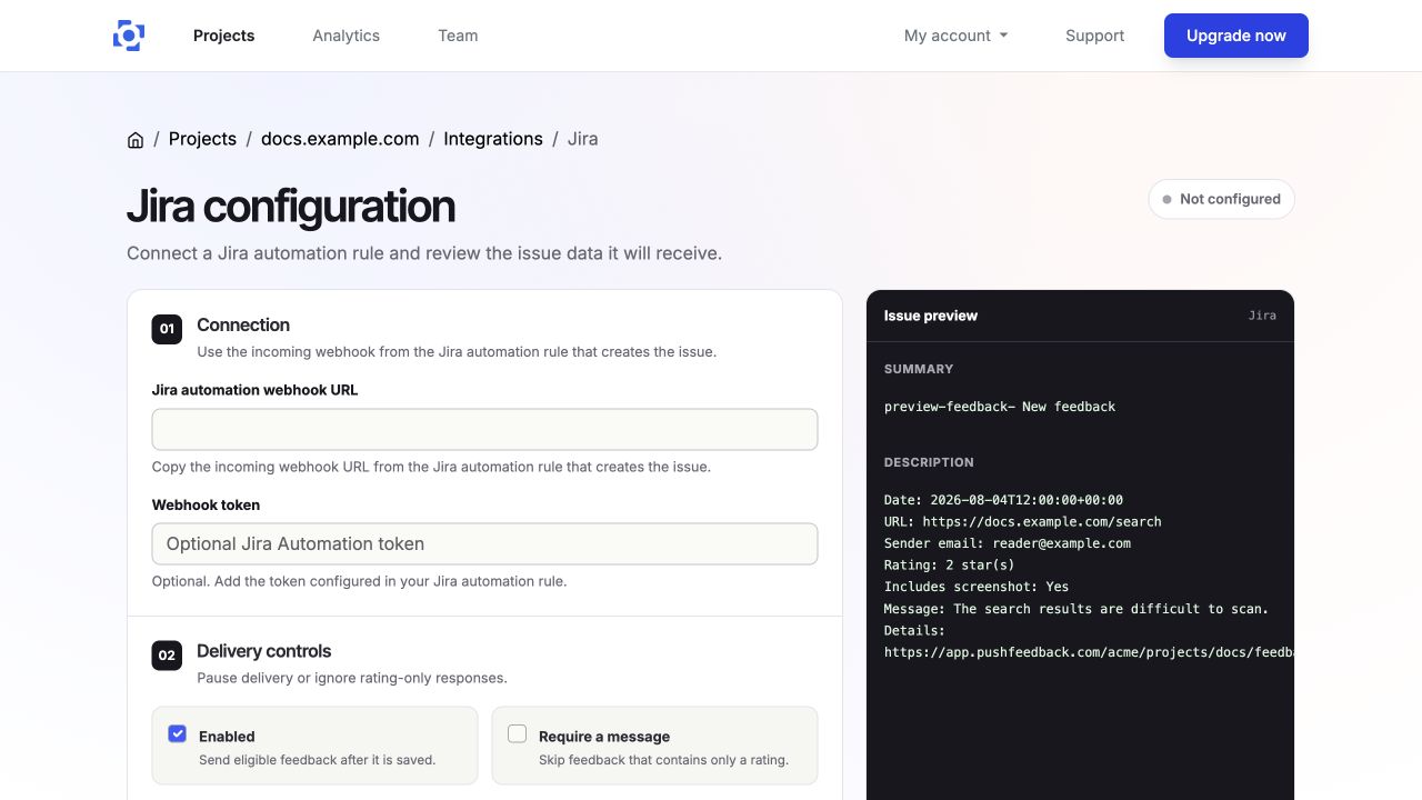 Connect a Jira Automation webhook in PushFeedback