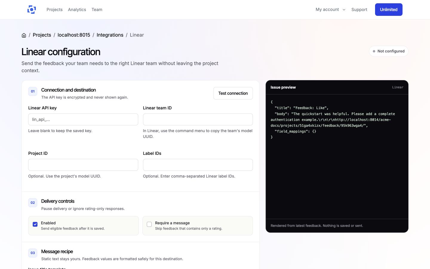 Configure the Linear destination, delivery controls, and issue format in PushFeedback