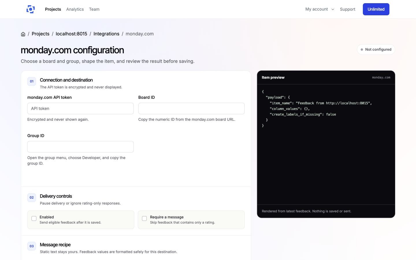Configure the monday.com board, group, message recipe, rules, and item preview in PushFeedback