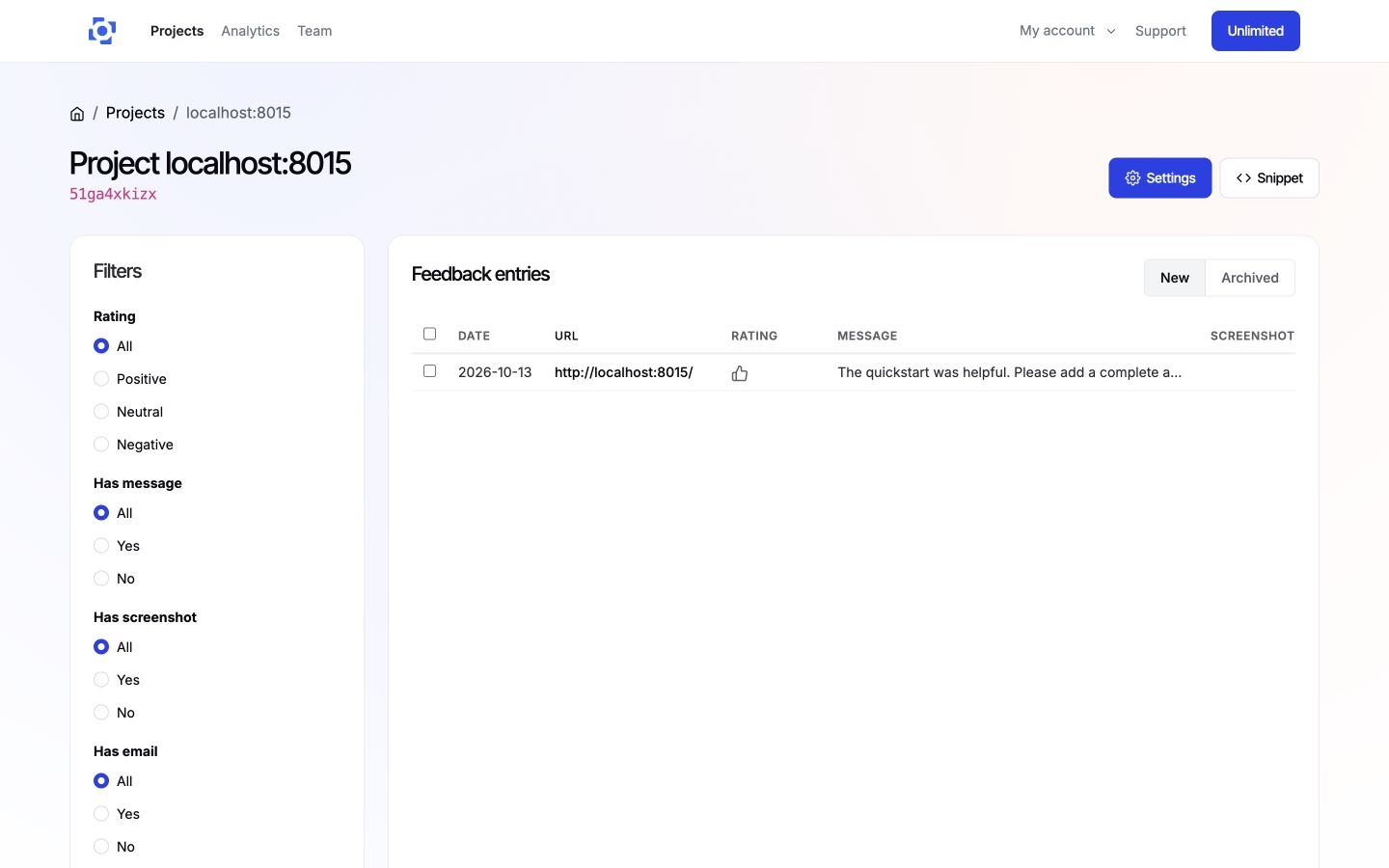 A test response in the project feedback dashboard