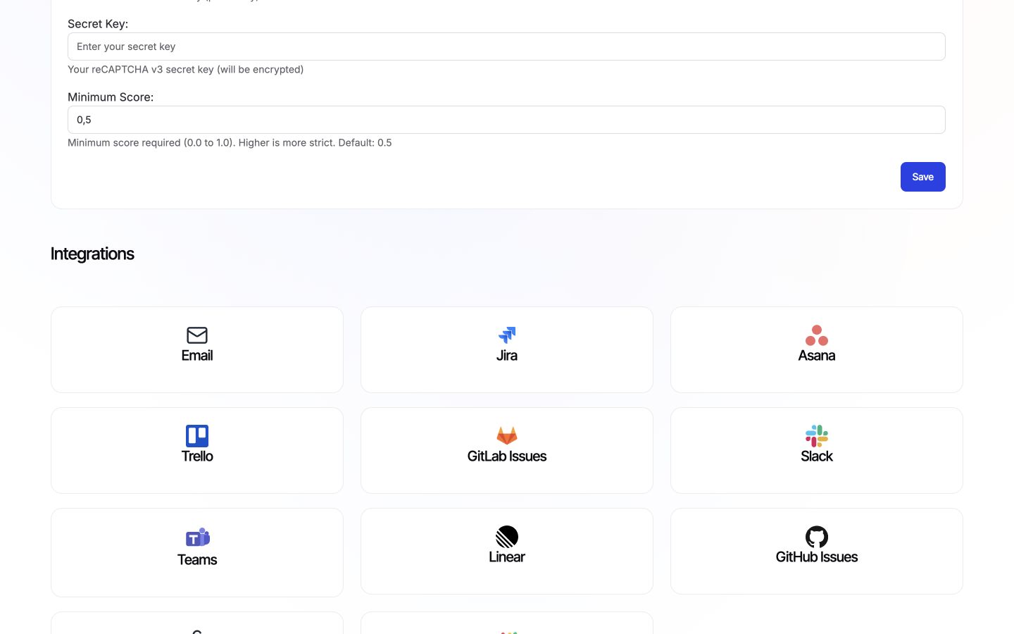 reCAPTCHA v3 settings in the Security section