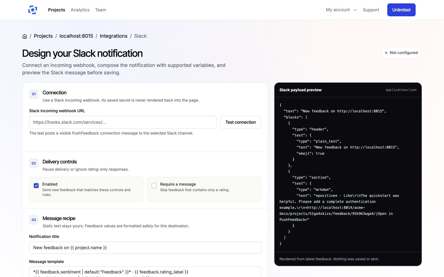 Configure a Slack webhook, delivery controls, and message preview in PushFeedback