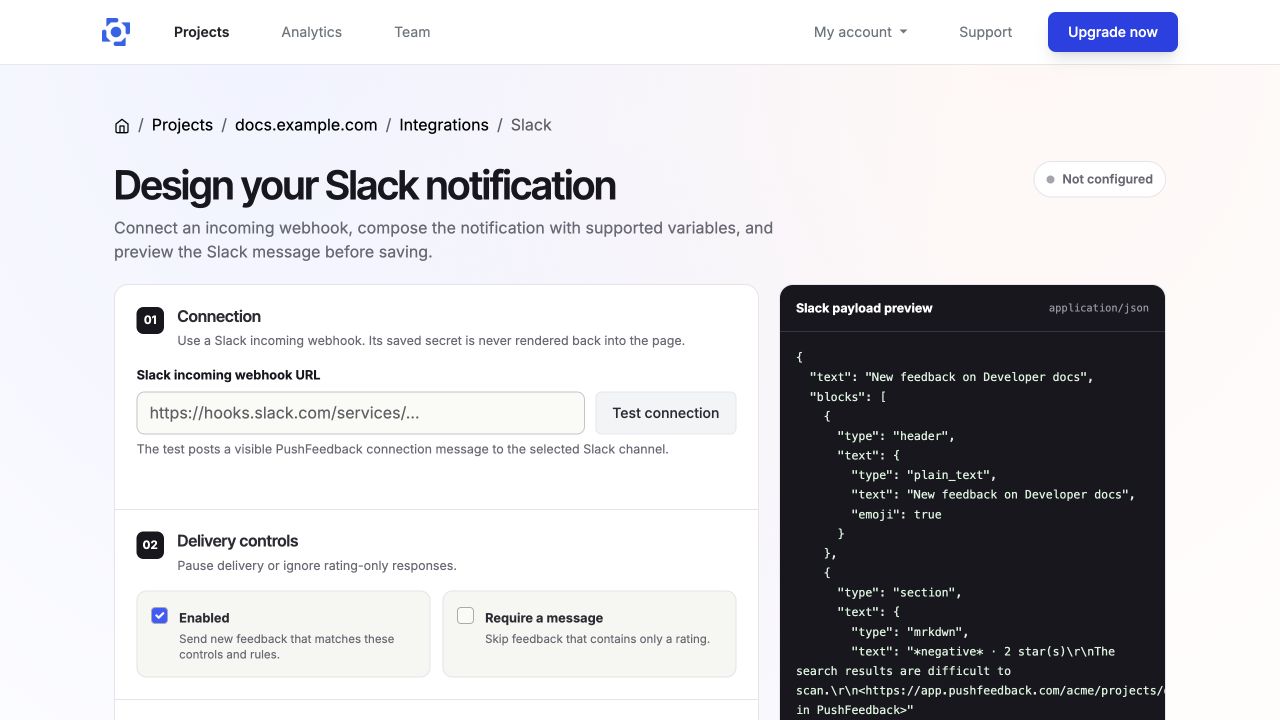 Configure a Slack webhook, delivery controls, and message preview in PushFeedback