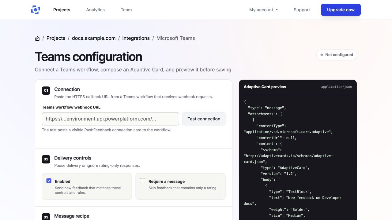 Configure a Microsoft Teams workflow, message recipe, delivery rules, and Adaptive Card preview in PushFeedback