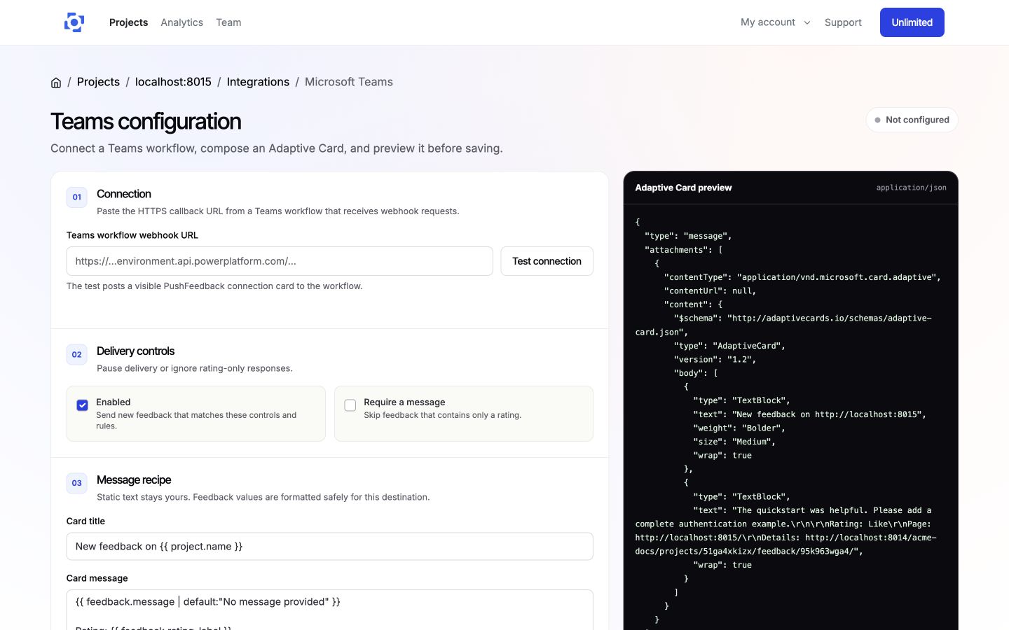 Configure a Microsoft Teams workflow, message recipe, delivery rules, and Adaptive Card preview in PushFeedback