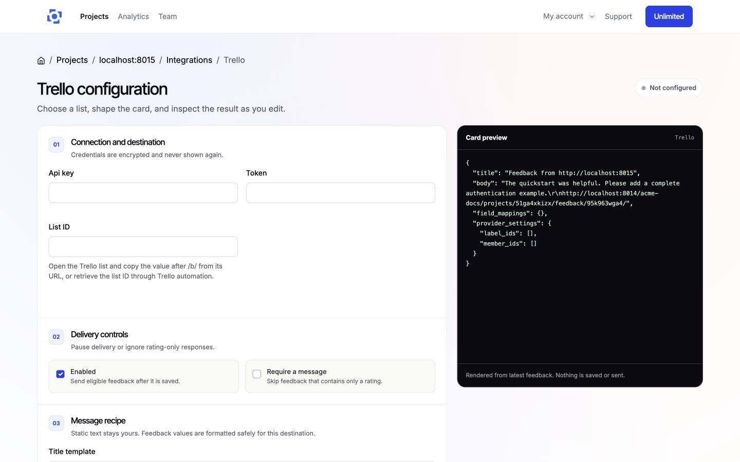 Configure the Trello destination, delivery controls, and card format in PushFeedback