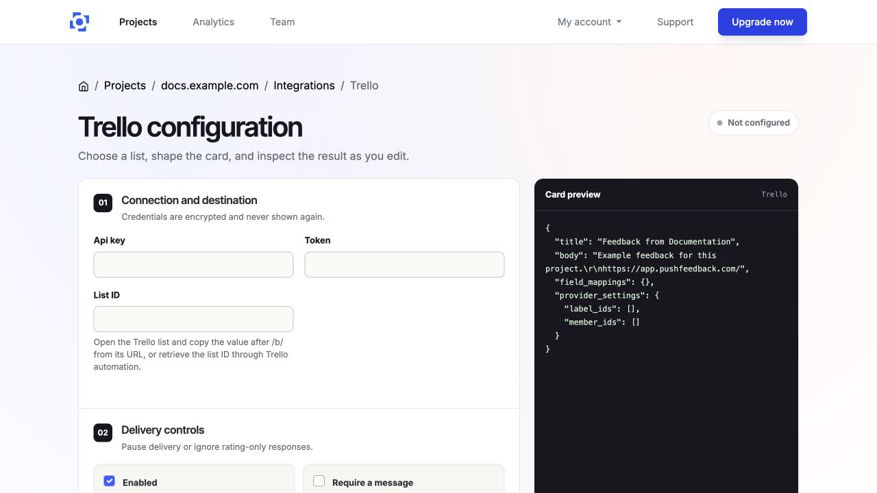 Configure the Trello destination, delivery controls, and card format in PushFeedback
