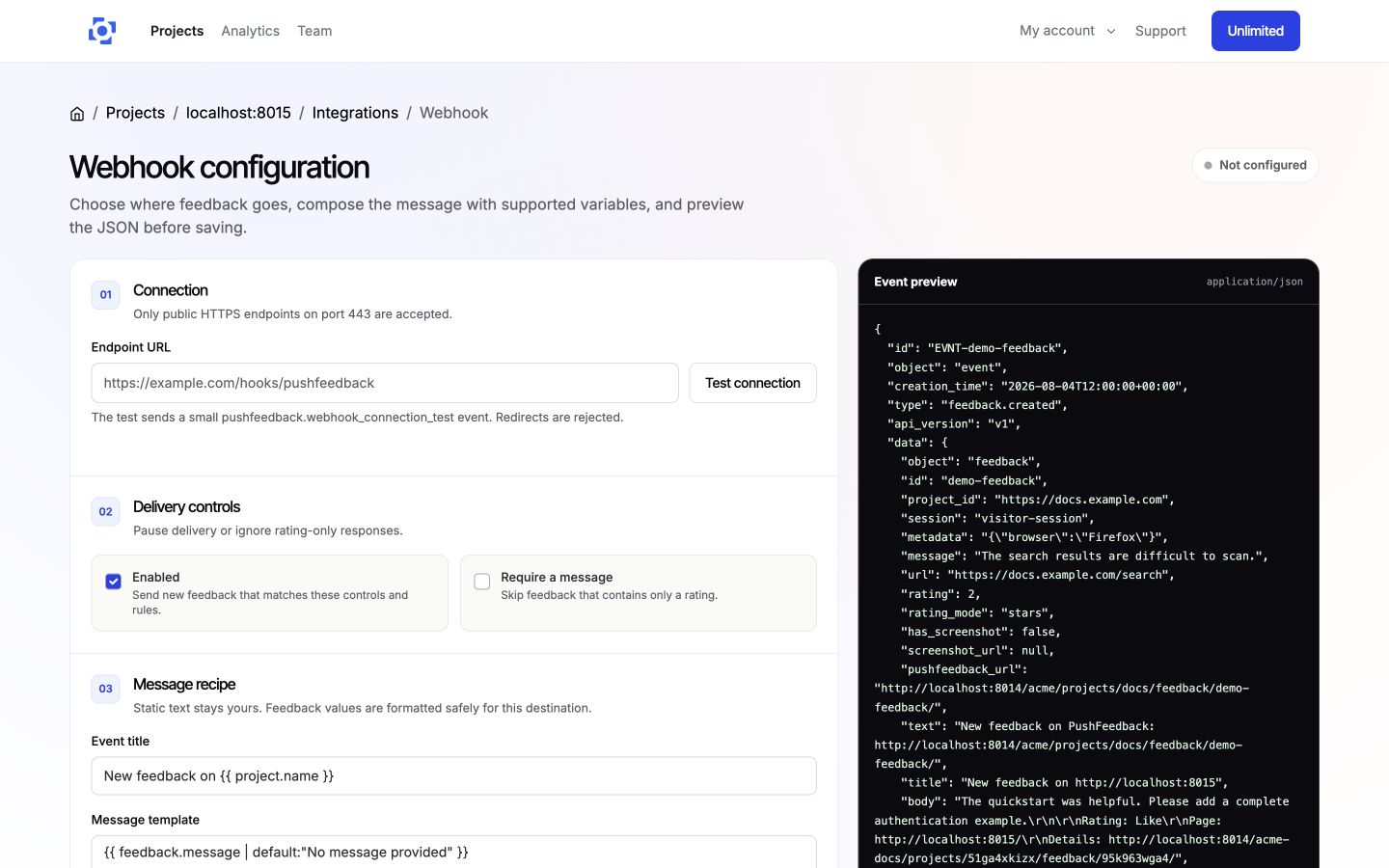 Webhook configuration editor