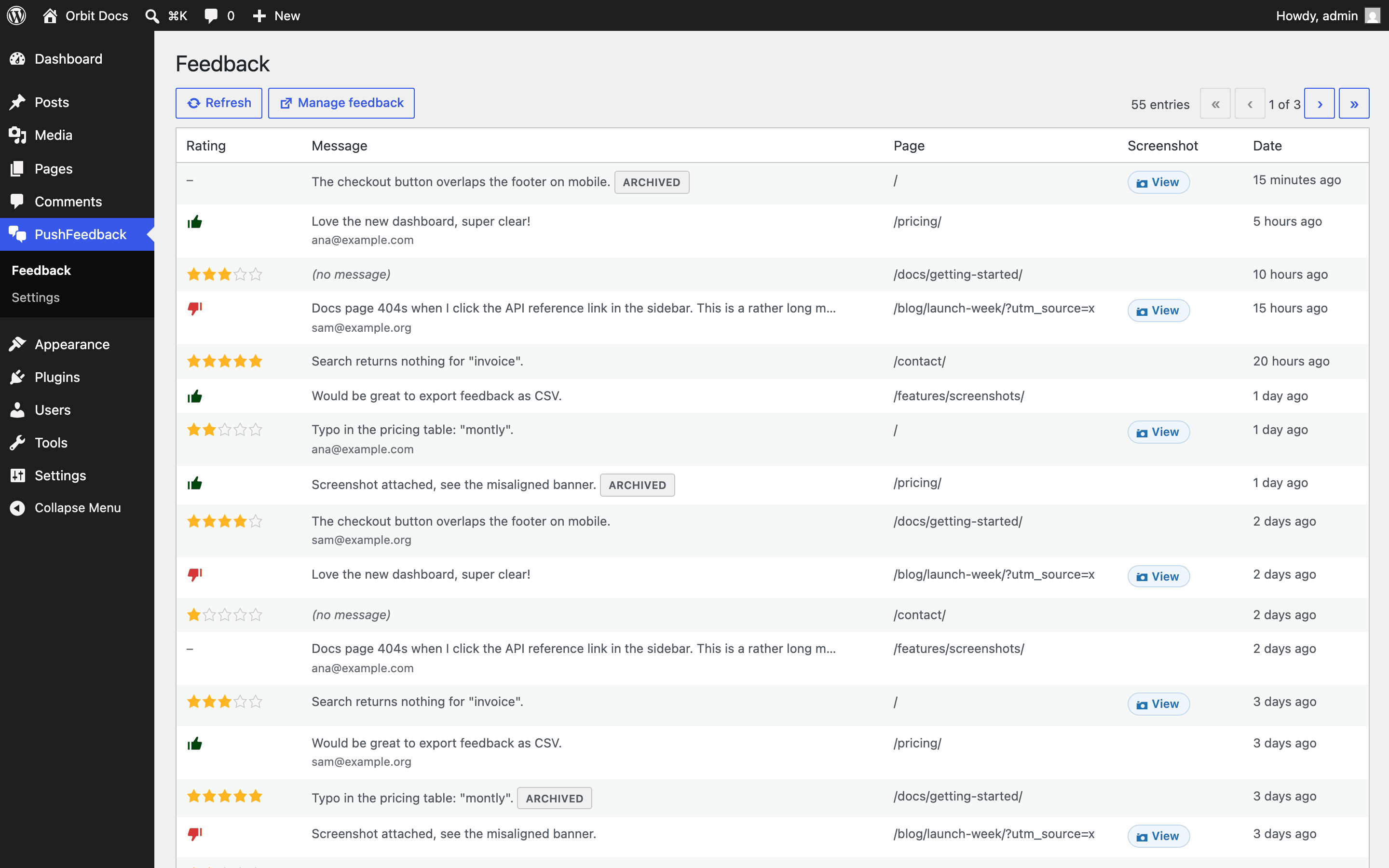 The Feedback page in wp-admin listing entries, with the Refresh and Manage feedback buttons above the list