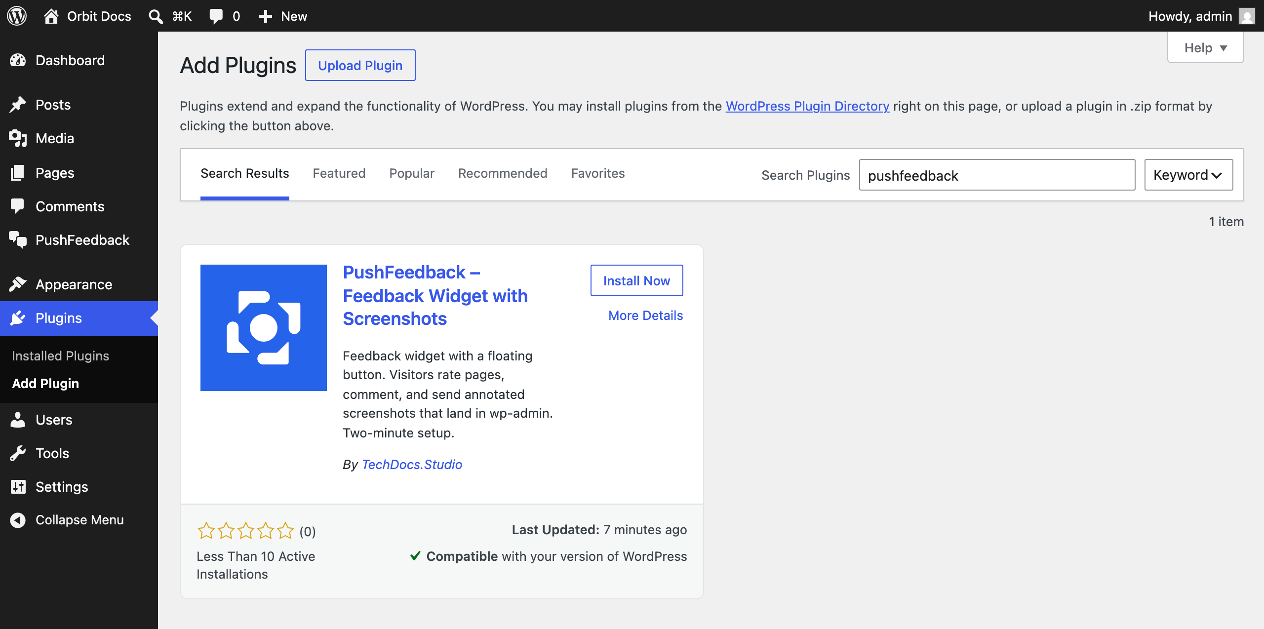 PushFeedback plugin card in the WordPress Plugins > Add New search results, with the Install Now button