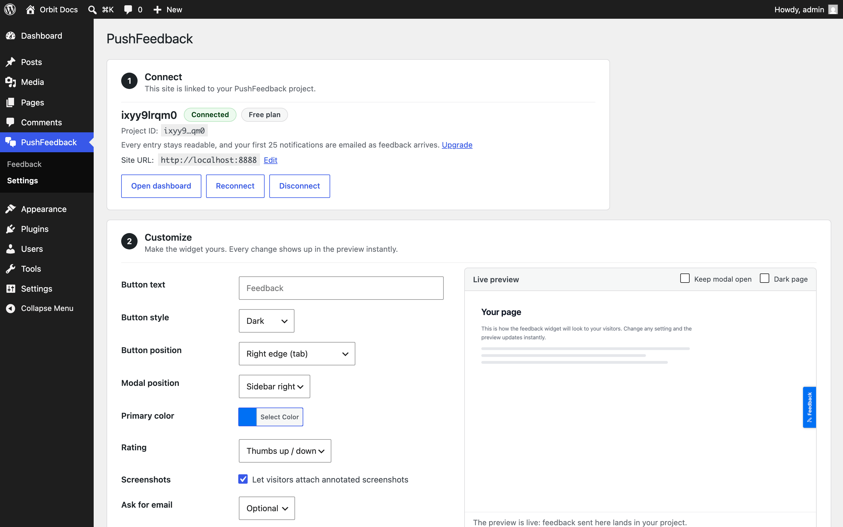 PushFeedback plugin settings page with the connection card and guided steps
