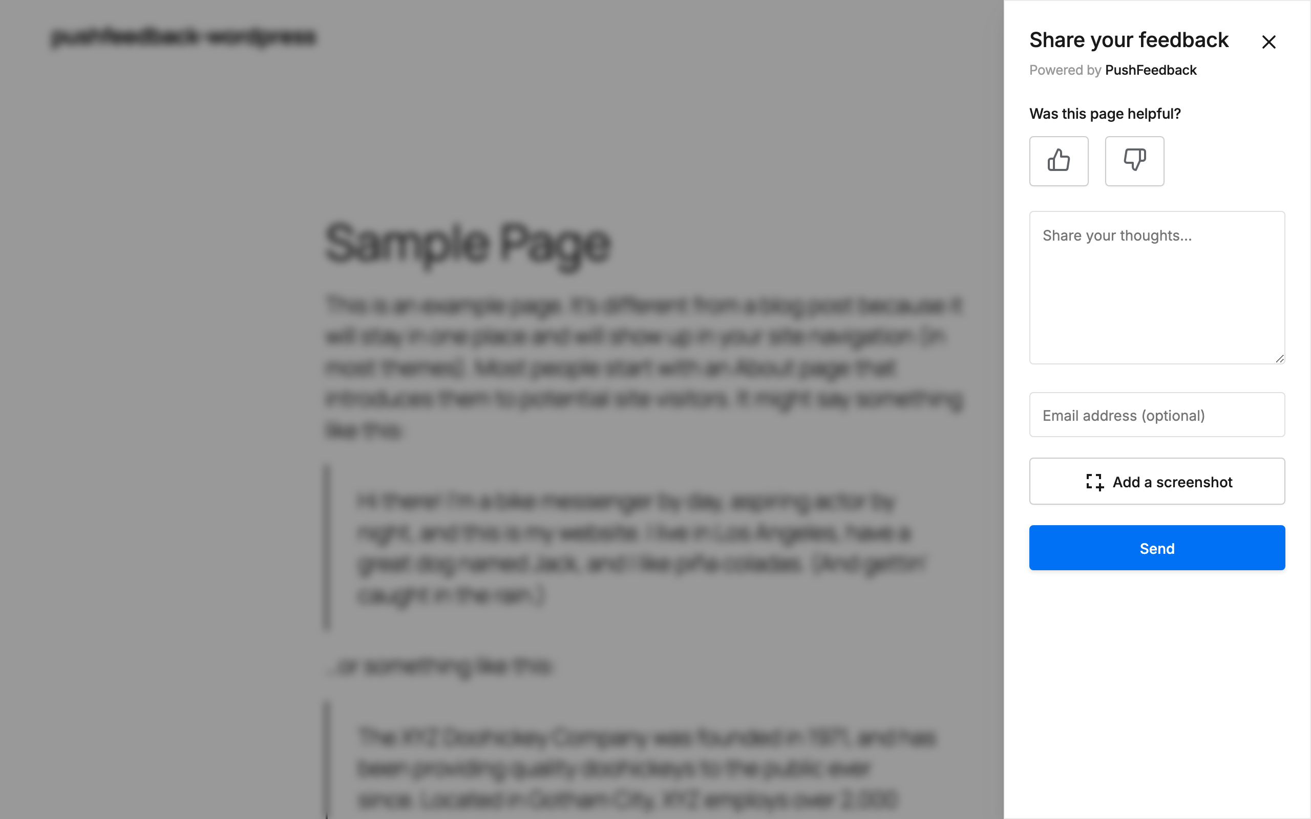 Feedback widget open on a WordPress site